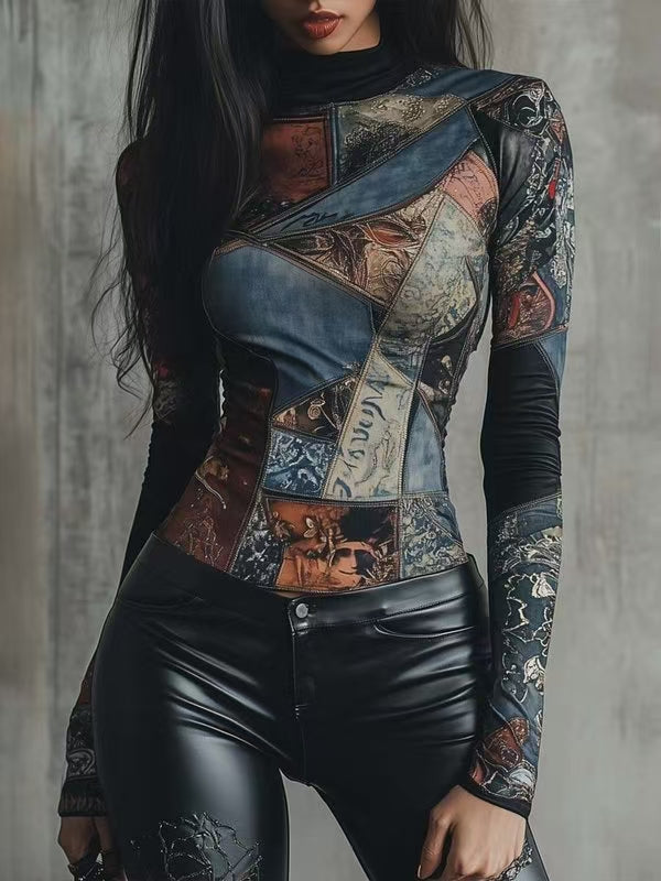 Irregularity Long Sleeves Contrast Color Printed Split-Joint Half Turtleneck Blouses&Shirts Tops