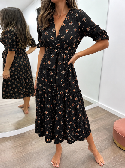 Tied Split-Joint Polka-Dot Pleated Elasticity Contrast Color Buttoned Short Sleeves Plus Size V-neck Midi Dresses