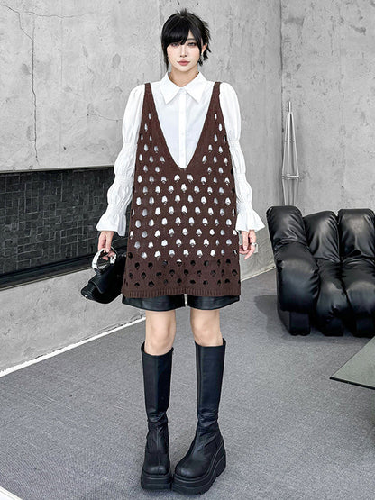 Loose Sleeveless Hollow Solid Color V-Neck Vest Top