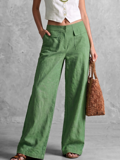 High Waisted Wide Leg Buttoned Elasticity Pockets Solid Color Pants Trousers