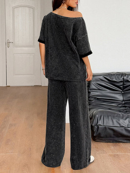 Loose Short Sleeves Solid Color One-Shoulder T-Shirt Top + Pockets Pants Bottom Two Pieces Set