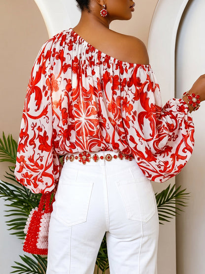 Long Sleeves Puff Sleeves Contrast Color Elasticity Flower Print One-Shoulder Blouses&Shirts Tops