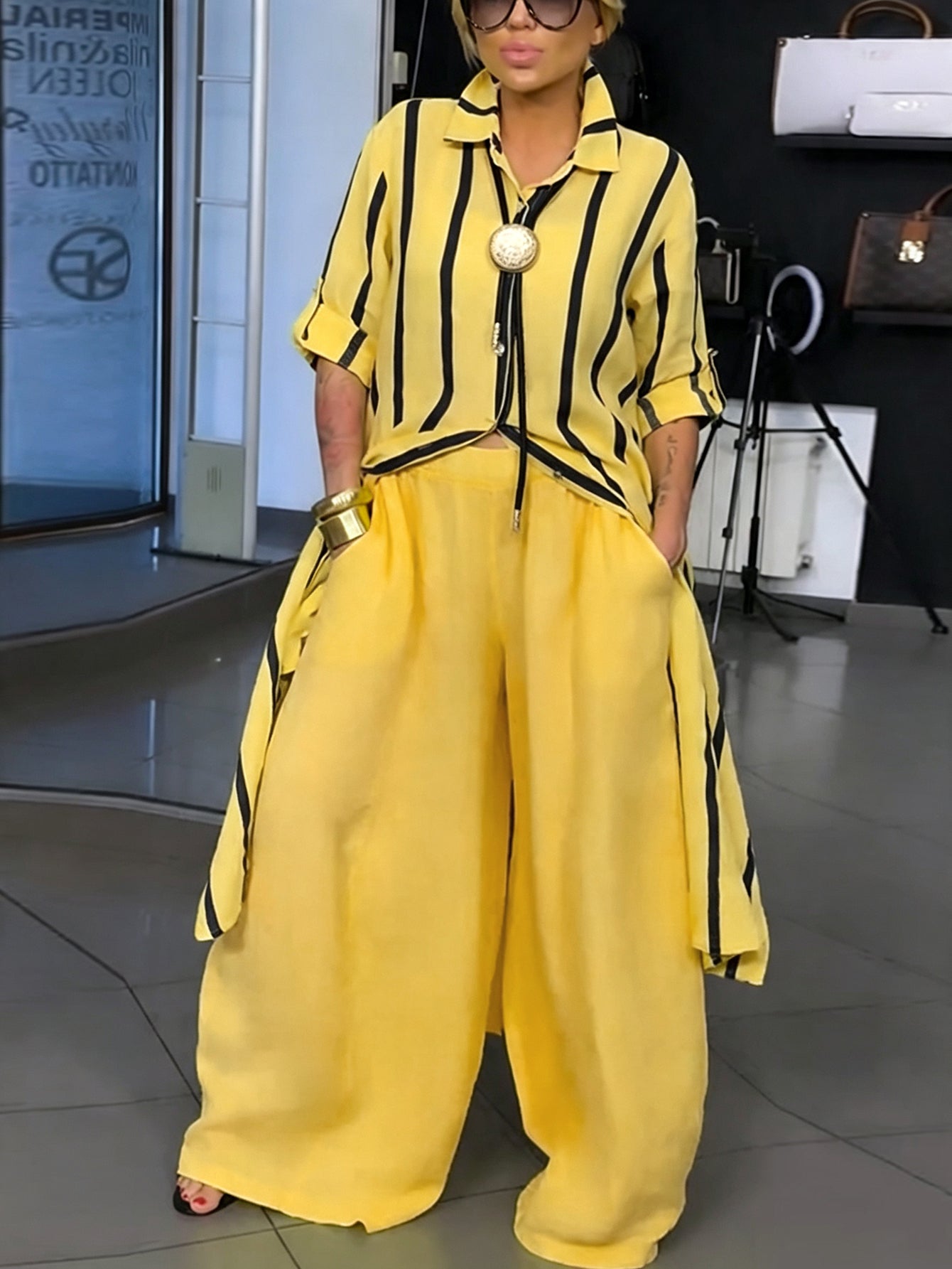 High‑low Long Sleeves Buttoned Contrast Color Striped Lapel Blouses&shirts Tops + Solid Color Pockets Wide‑Leg Bottoms Pants Trousers Two Pieces Set
