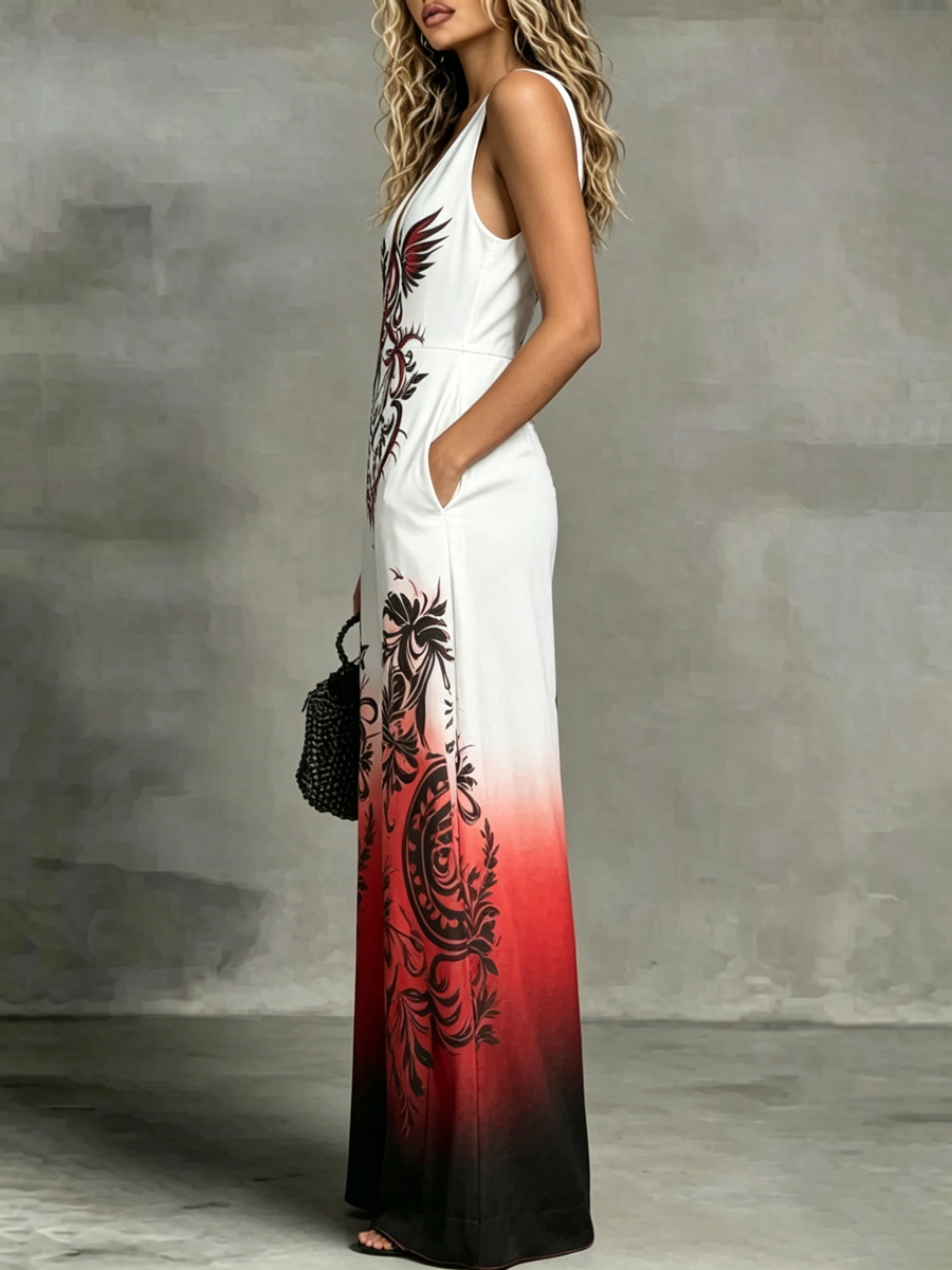 High Waisted Loose Pockets Printed V-Neck Jumpsuits