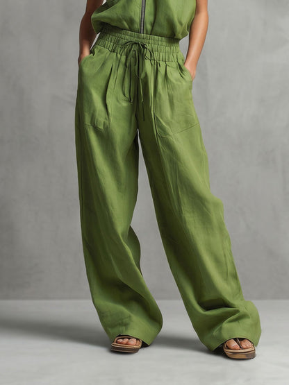 High Waisted Wide Leg Elasticity Pockets Solid Color Tied Waist Pants Trousers