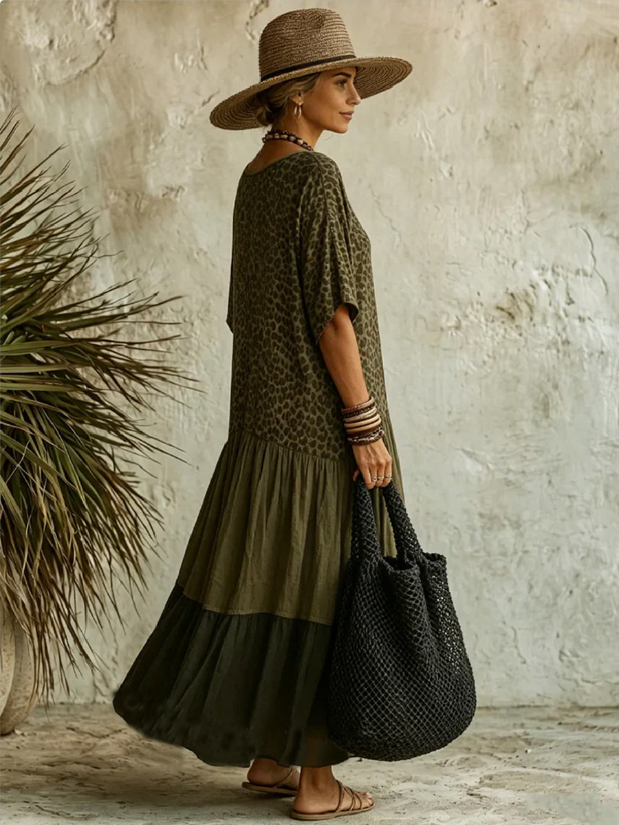 Half Sleeves Loose Leopard Pleated Printed Split-Joint Deep V-Neck Maxi Dresses