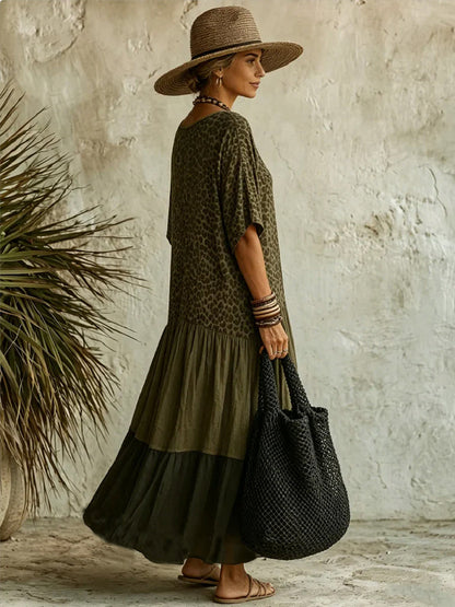 Half Sleeves Loose Leopard Pleated Printed Split-Joint Deep V-Neck Maxi Dresses