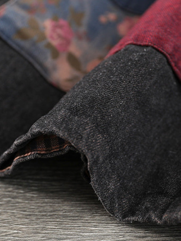 Gilet à capuche sans manches en denim ample et boutonné de couleur contrastée, style rétro artistique 