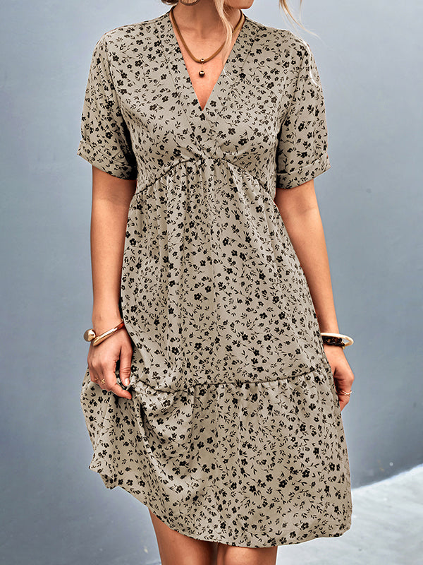 Short Sleeves Flower Print Split-Joint V-Neck Mini Dresses