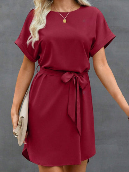 Loose Short Sleeves Solid Color Tied Waist Round-Neck Mini Dresses