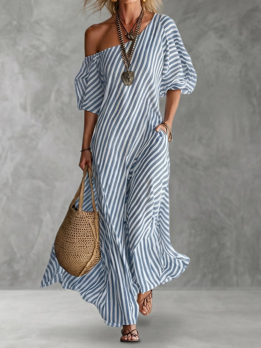 Loose Plus Size Pockets Striped One-Shoulder Maxi Dresses