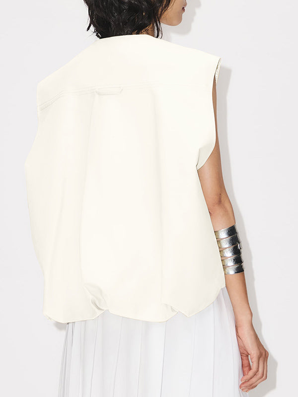 Gilet ample sans manches à poches fendues et fermeture éclair à col rond 