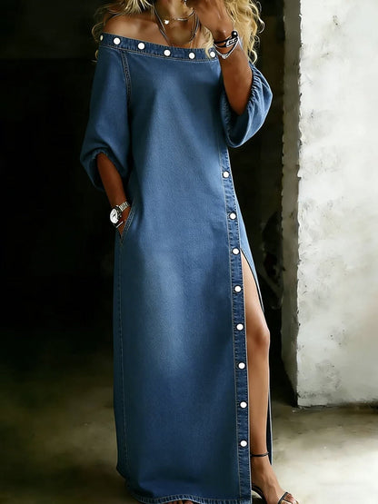 Solid Color Pockets Buttoned Three-quarter Sleeves H-line Off-the-shoulder Maxi Dresses