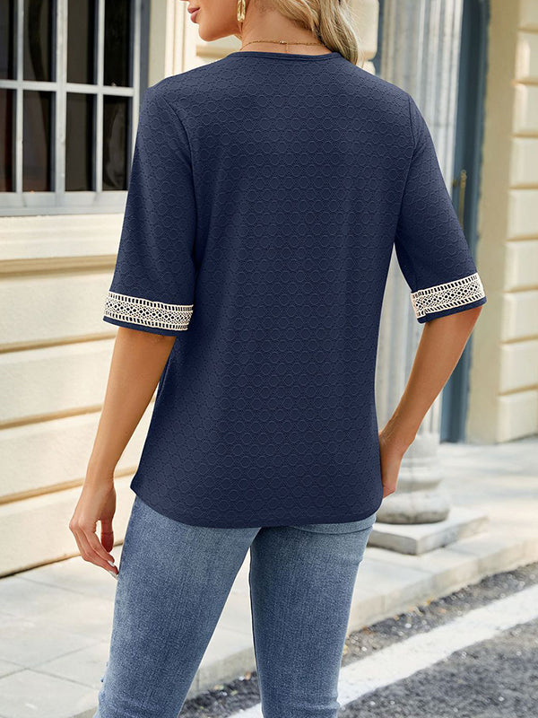 Loose Short Sleeves Contrast Color Hollow Split-Joint V-Neck T-Shirts Tops
