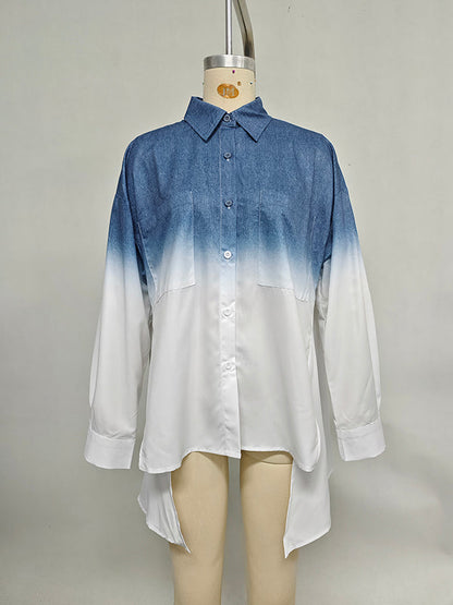 High-Low Loose Gradient Printed Split-Joint Split-Side Lapel Blouses&Shirts Tops