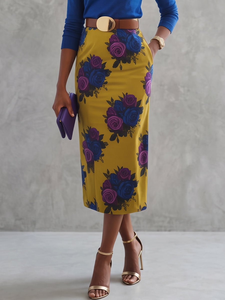 Zipper Pockets Flower Print Belted High Waisted Skirts