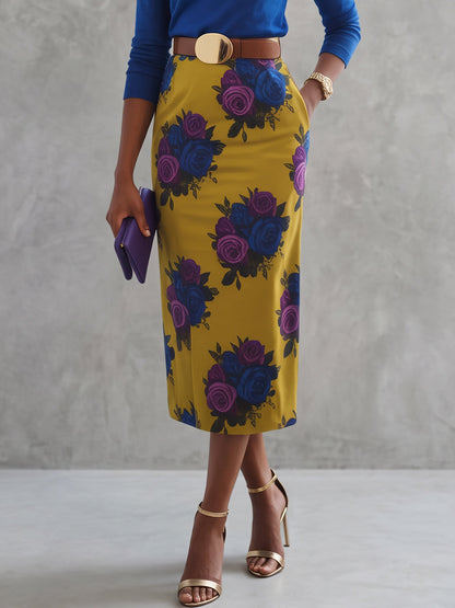 Zipper Pockets Flower Print Belted High Waisted Skirts