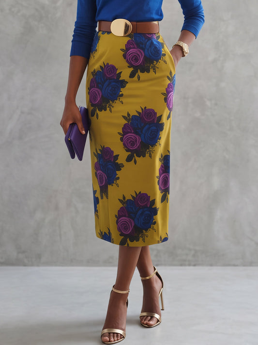 Zipper Pockets Flower Print Belted High Waisted Skirts