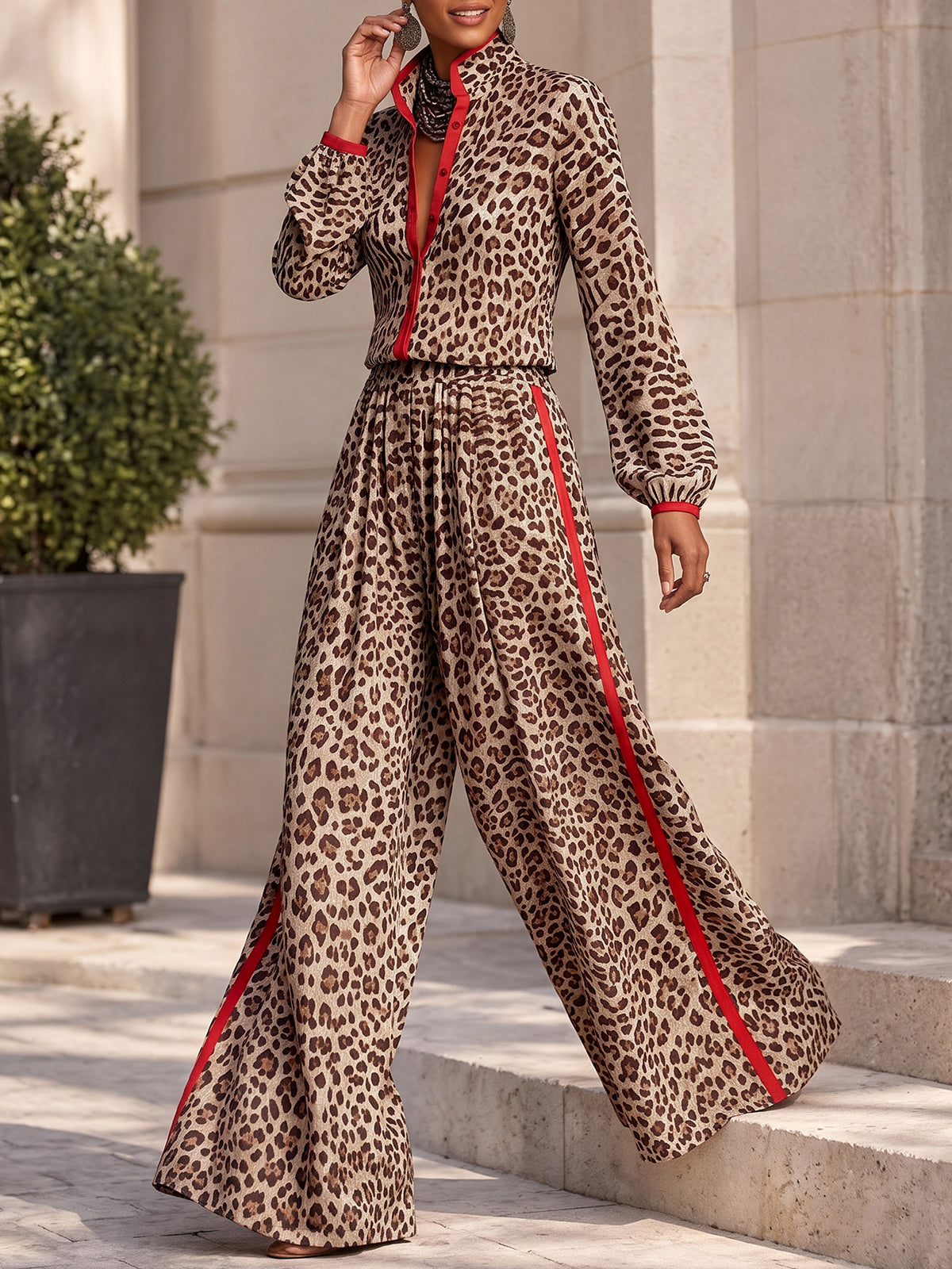 Split-Joint Leopard Contrast Color Buttoned Long Sleeves Stand Collar Blouses&shirts Tops