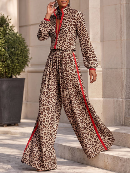 Split-Joint Leopard Contrast Color Buttoned Long Sleeves Stand Collar Blouses&shirts Tops