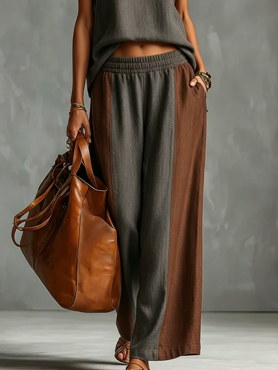 High Waisted Wide Leg Contrast Color Elasticity Pockets Pants Trousers