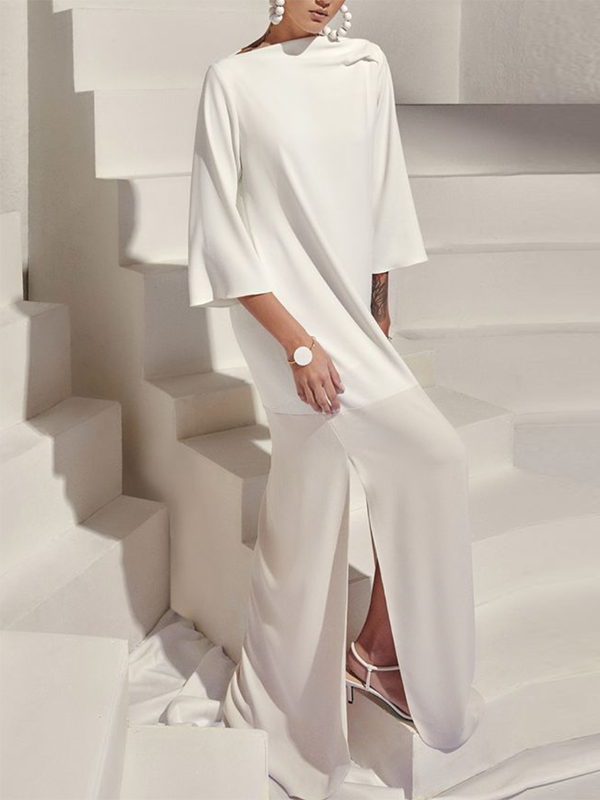 Robe longue ample à manches trois-quarts, couleur unie, fendue sur les côtés, col bateau 