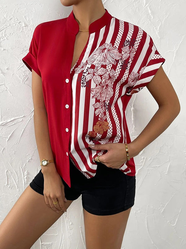 Loose Short Sleeves Buttoned Contrast Color Flower Print Striped V-Neck Blouses&Shirts Tops