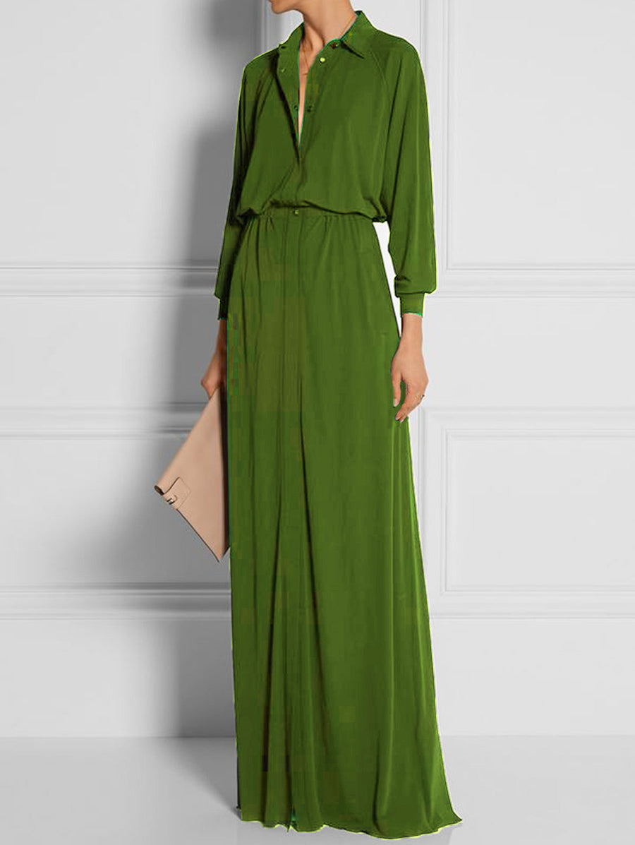 High Waisted Long Sleeves Buttoned Elasticity Solid Color Lapel Maxi Dresses