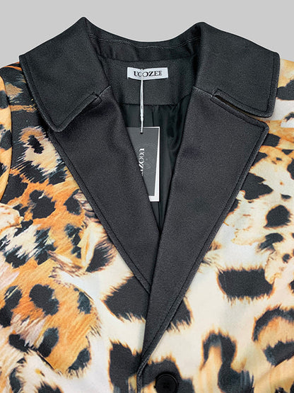 Long Sleeves Loose Leopard Split-Joint Lapel Woolen Coat