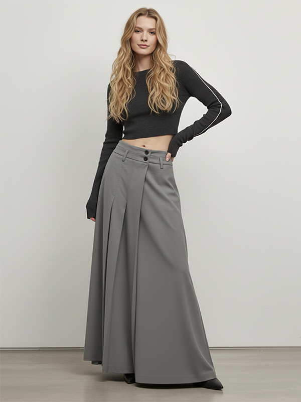 A-Line High Waisted Big Hemline Buttoned Pleated Solid Color Skirts Bottoms
