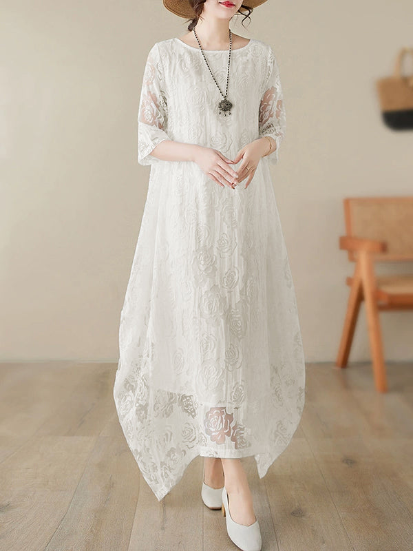 Half Sleeves Loose Gauze See-Through Solid Color Round-Neck Maxi Dresses