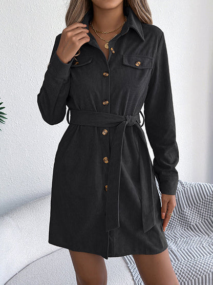 Elasticated Waist Long Sleeves Belted Buttoned Single-Breasted Solid Color Lapel Collar Mini Dresses Shirt Dress