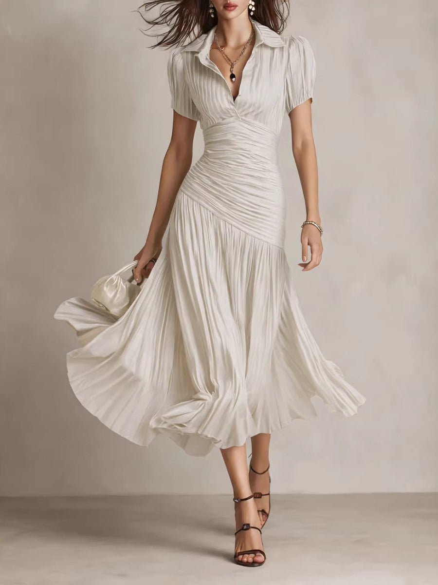 Striped Split-Joint Solid Color Pleated Short Sleeves High Waisted Lapel Maxi Dresses