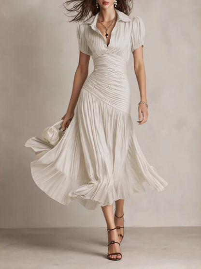 Striped Split-Joint Solid Color Pleated Short Sleeves High Waisted Lapel Maxi Dresses