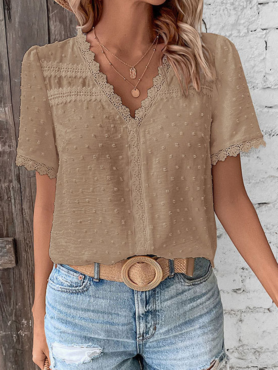 Loose Short Sleeves Jacquard Solid Color Split-Joint Textured V-Neck T-Shirts Tops