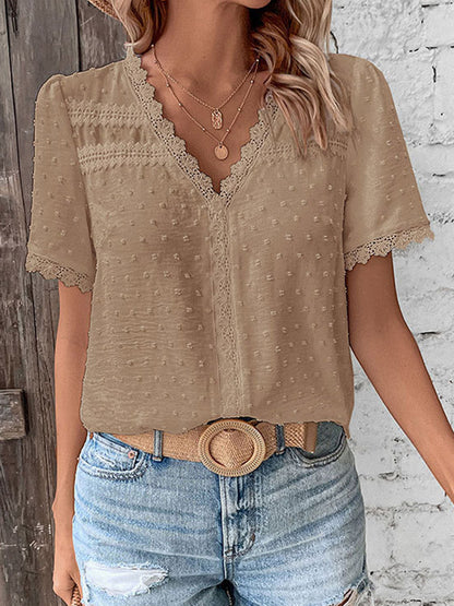Loose Short Sleeves Jacquard Solid Color Split-Joint Textured V-Neck T-Shirts Tops