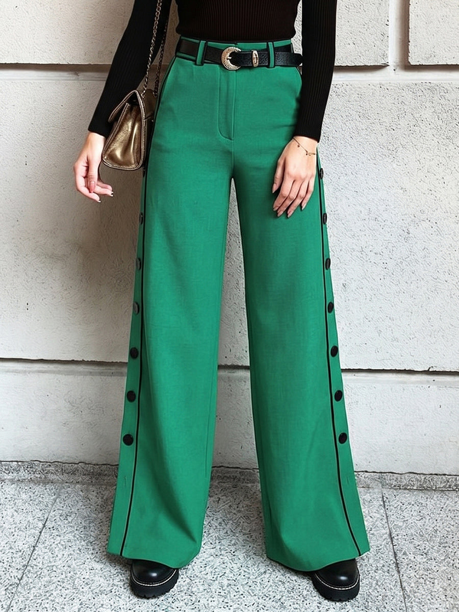 High Waisted Wide Leg Buttoned Contrast Color Line Pockets Pants Trousers
