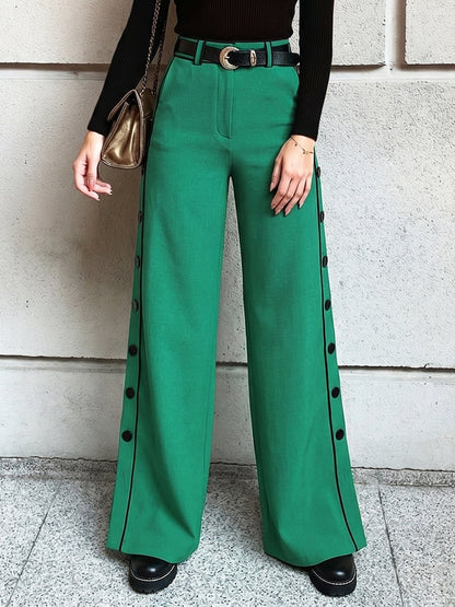 High Waisted Wide Leg Buttoned Contrast Color Line Pockets Pants Trousers