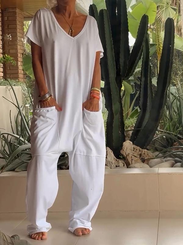 Casual V-neck Solid Color Jumpsuit White S