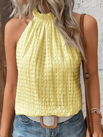 Loose Plus Size Hollow Jacquard Pleated Solid Color Halter-Neck Vest Top
