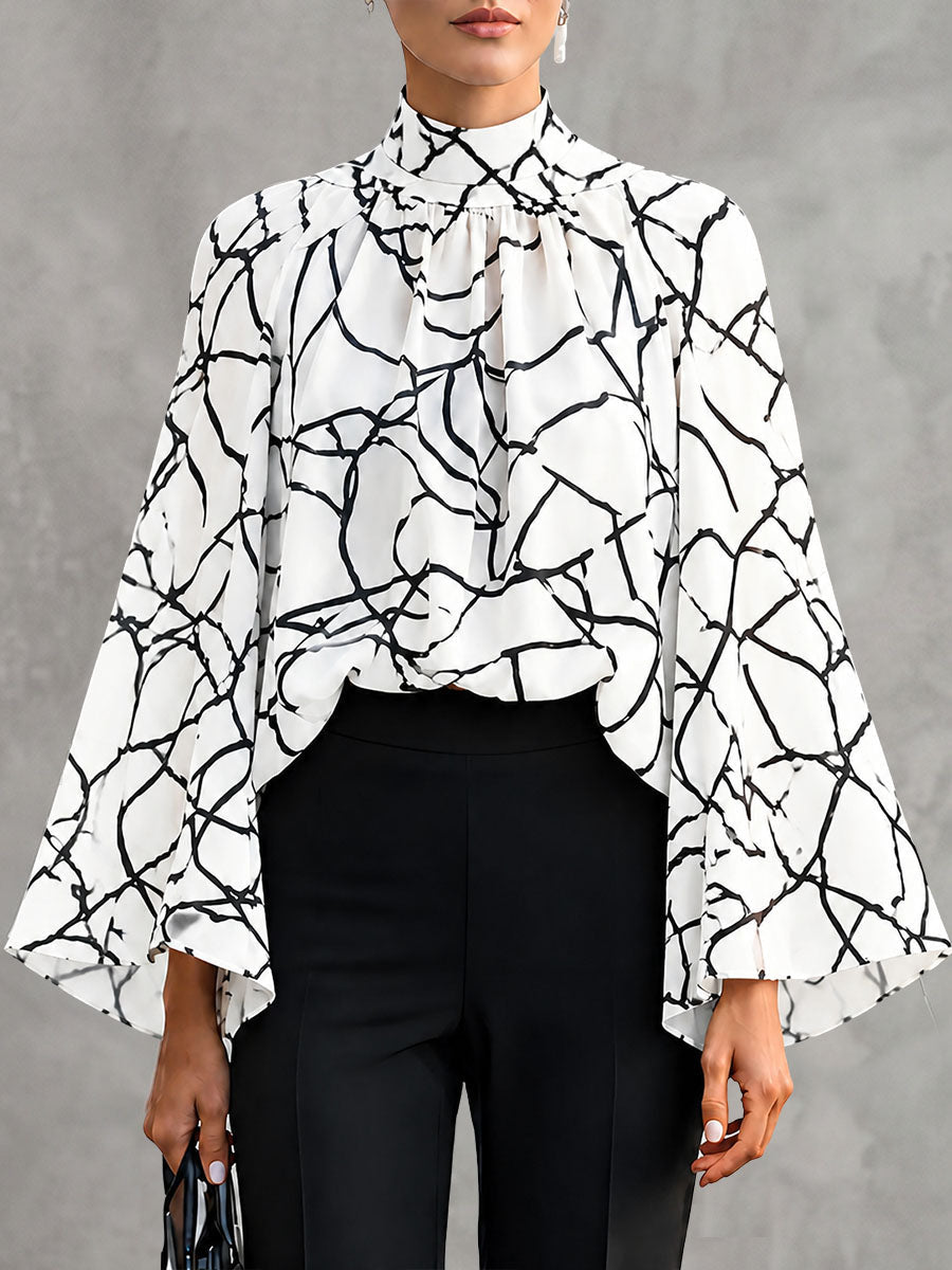 Split-Joint See-Through Printed Contrast Color Long Sleeves Flared Sleeves Mock Neck Blouses&shirts Tops