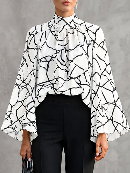 Split-Joint See-Through Printed Contrast Color Long Sleeves Flared Sleeves Mock Neck Blouses&shirts Tops