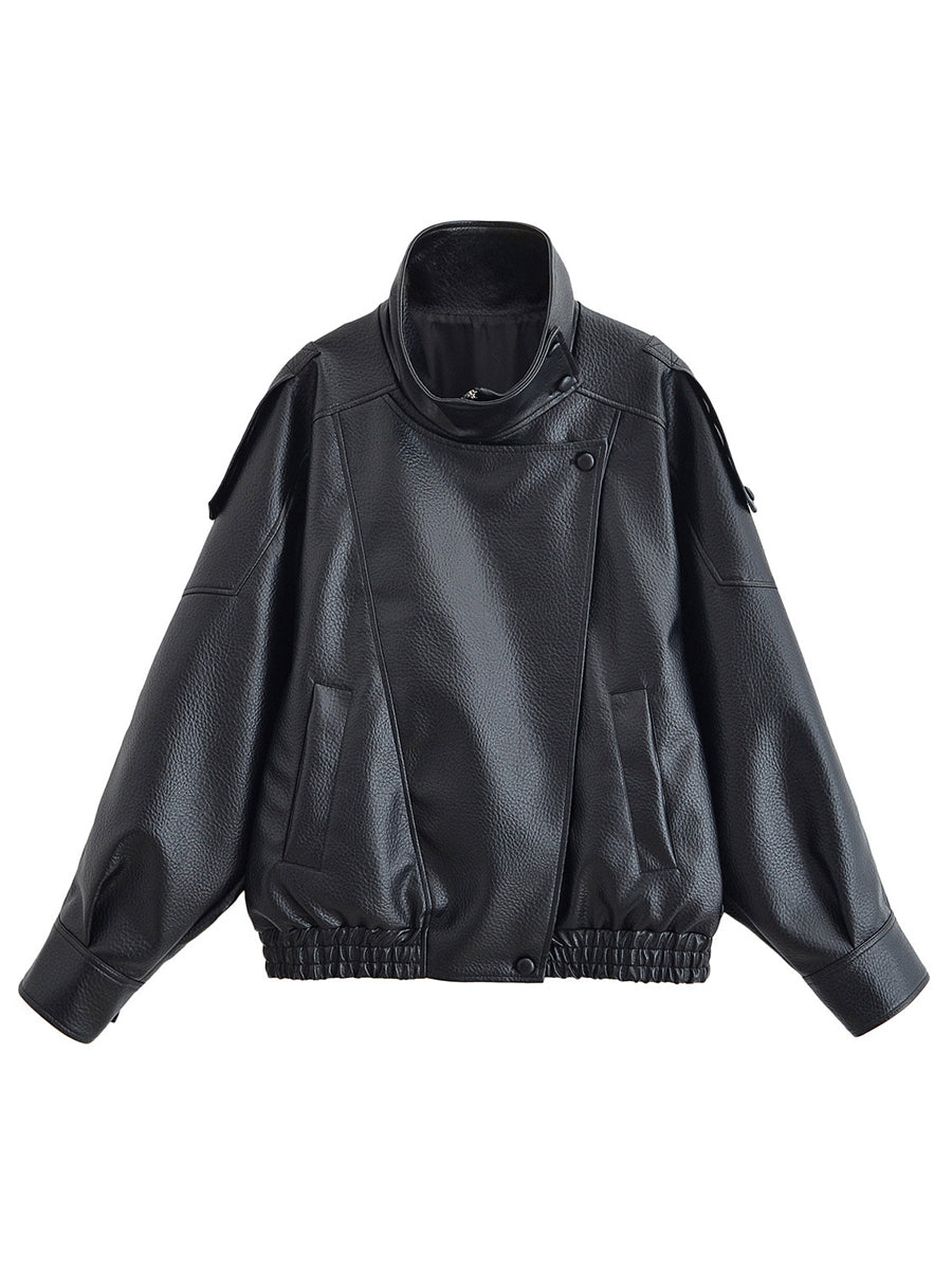 Zipper Split-Joint Solid Color Pockets Elasticity Buttoned Asymmetric Long Sleeves Stand Collar Outerwear Jackets