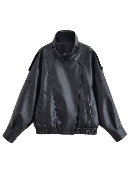 Zipper Split-Joint Solid Color Pockets Elasticity Buttoned Asymmetric Long Sleeves Stand Collar Outerwear Jackets