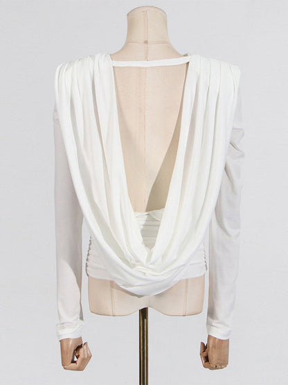 Long Sleeves Backless Shoulder Pad Solid Color Round-Neck Blouses&Shirts Tops