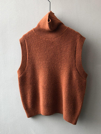 Casual Loose Sleeveless Solid Color High-Neck Sweater Vest Outerwear