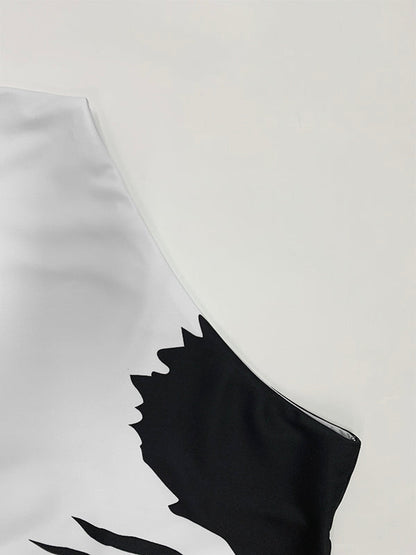 Loose Sleeveless Asymmetric Flower Print One-Shoulder Blouses&Shirts Tops