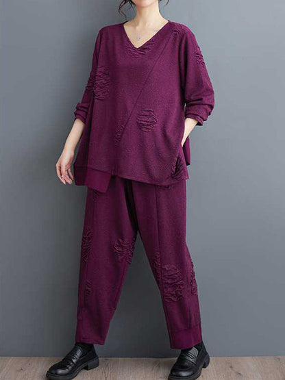 Long Sleeves Asymmetric Solid Color Split-Joint V-Neck T-Shirts Top + Harem Pants Elasticity Pants Bottom Two Pieces Set