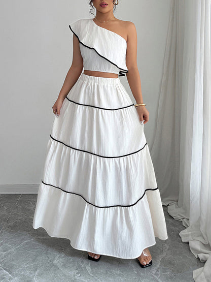 Sleeveless Elasticity Pleated One-Shoulder Vest Top + A-Line Skirts Bottom Two Pieces Set