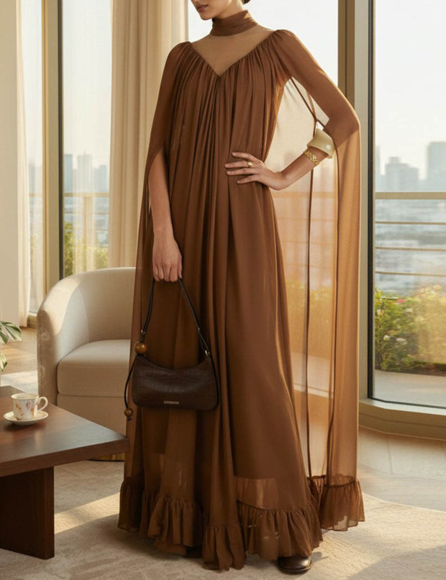 Cape Irregularity Layered Pleated Ruffled See-Through Solid Color Split-Joint High Neck Maxi Dresses